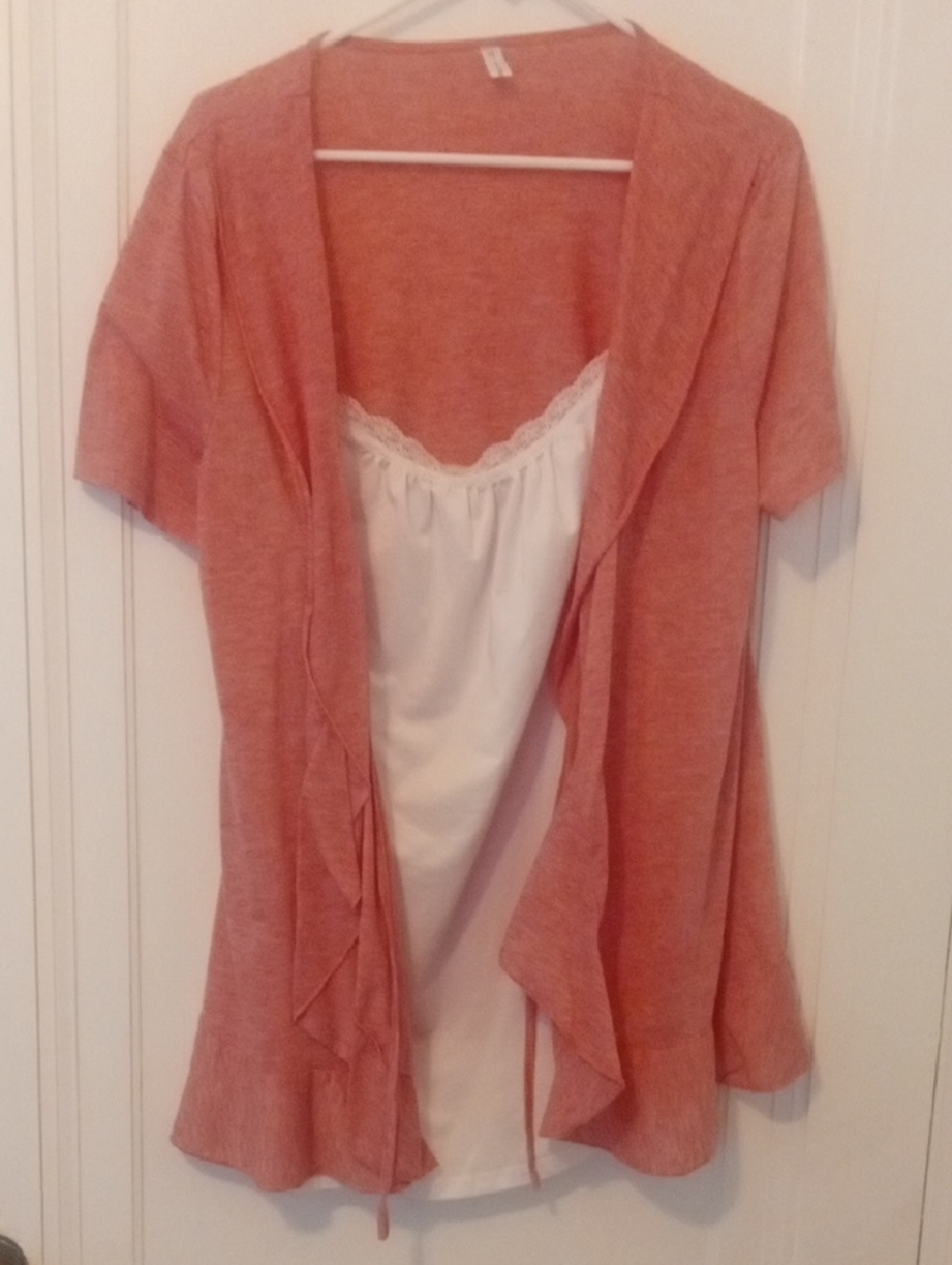 women 1x pink top open front look with attached cami under